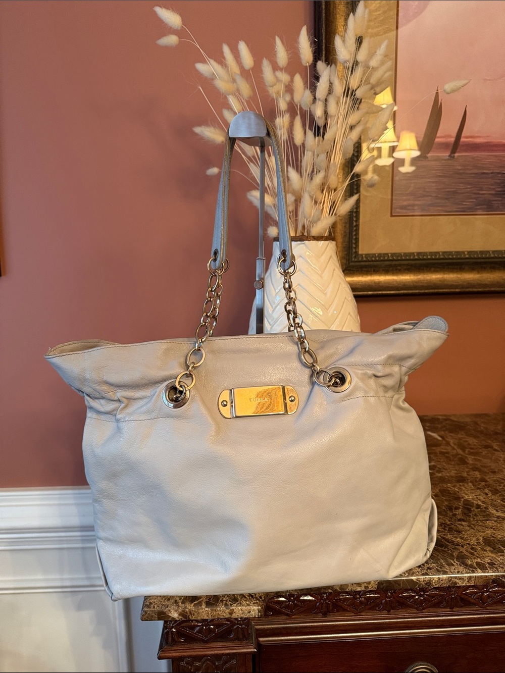 Furla Large Pebbled Leather Tote in Light Gray with Gold Hardware